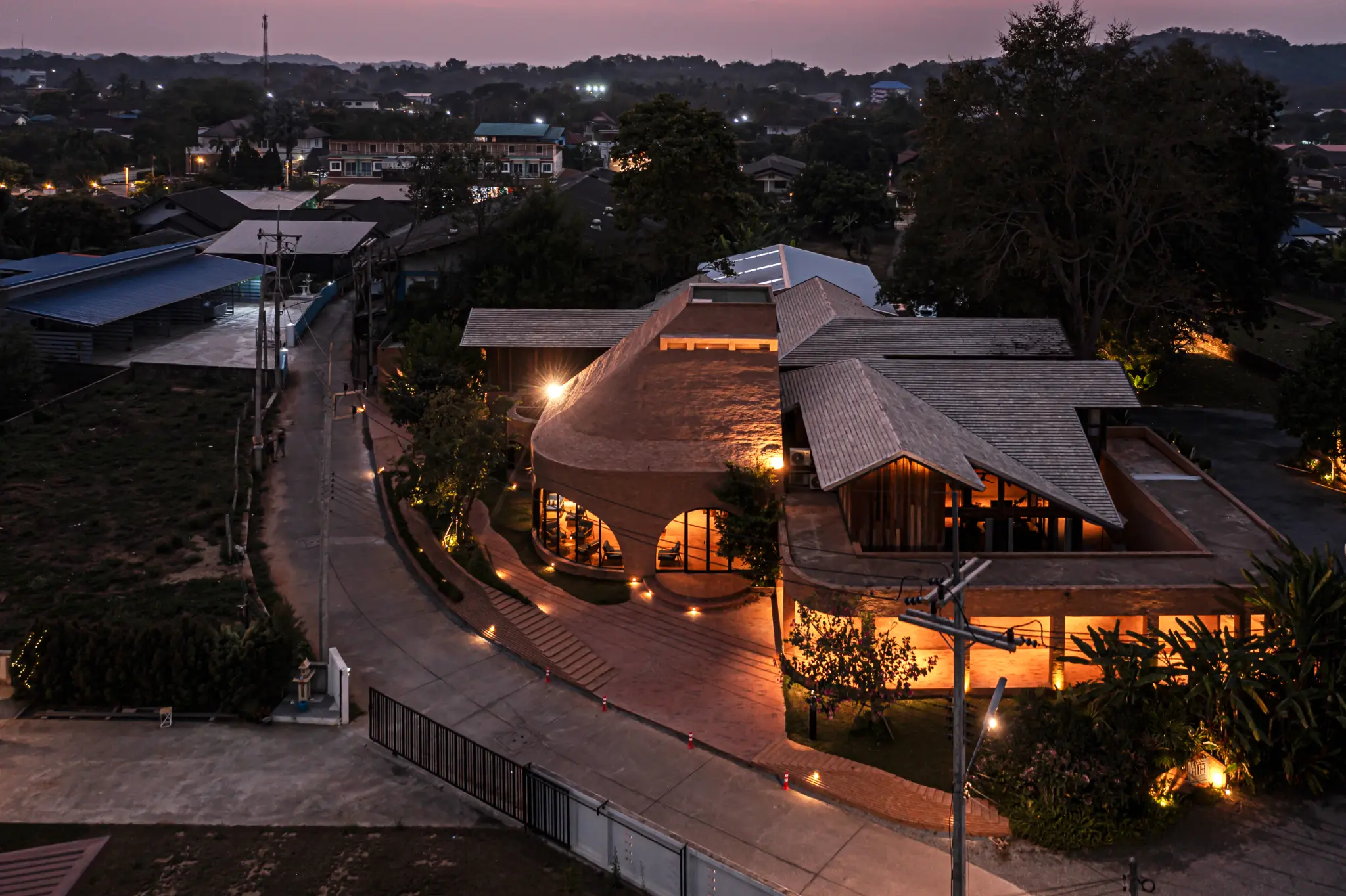 Dusk aerial view of Athita The Hidden Court in Chiang Saen